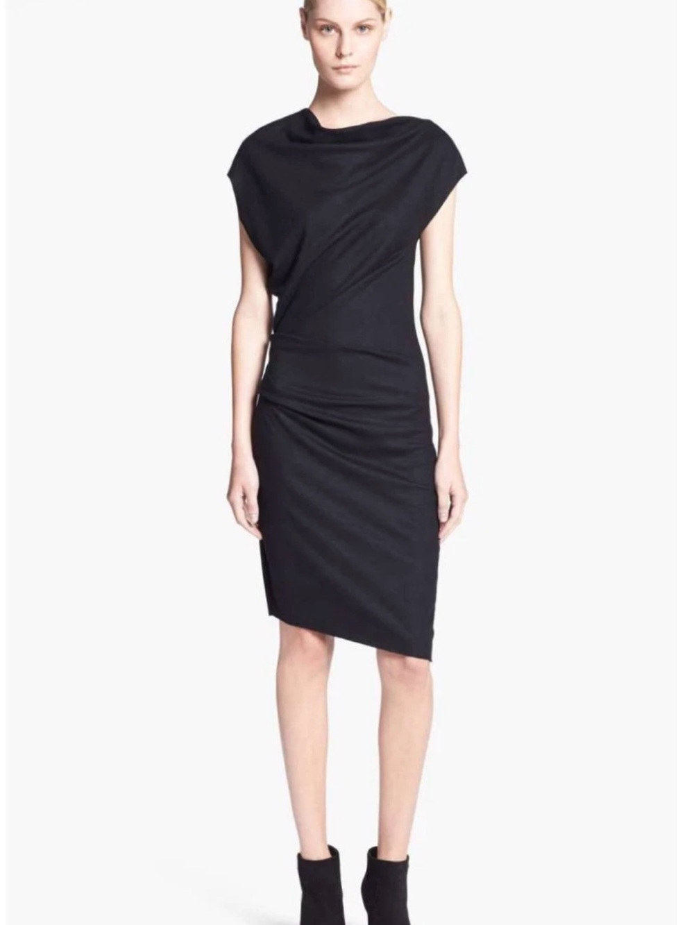 Helmut Lang Asymmetrical Ruched Wool Dress Sleeveless Cowl Neck Minimalist Sz 10